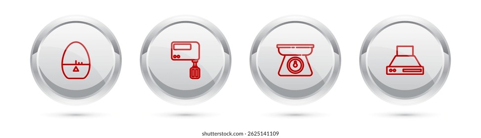Set line Kitchen timer, Electric mixer, Scales and extractor fan. Silver circle button. Vector