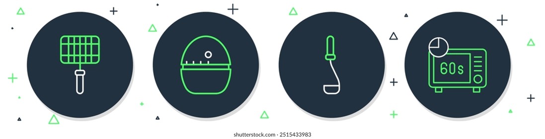 Set line Kitchen timer, ladle, Barbecue steel grid and Microwave oven icon. Vector