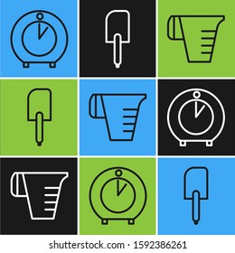 Set line Kitchen timer , Measuring cup and Spatula  icon. Vector
