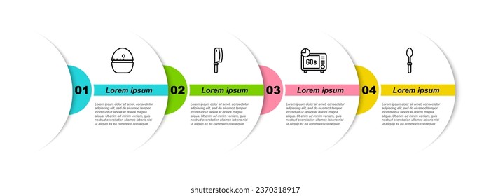Set line Kitchen timer, Meat chopper, Microwave oven and Teaspoon. Business infographic template. Vector