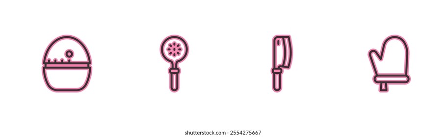 Set line Kitchen timer, Meat chopper, Spatula and Oven glove icon. Vector