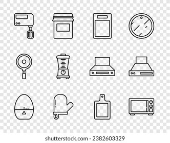 Set line Kitchen timer, Microwave oven, Cutting board, Oven glove, Electric mixer, Blender,  and extractor fan icon. Vector