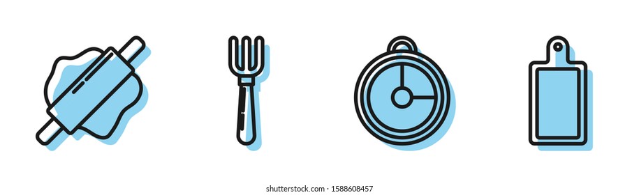 Set line Kitchen timer , Rolling pin , Fork  and Cutting board  icon. Vector