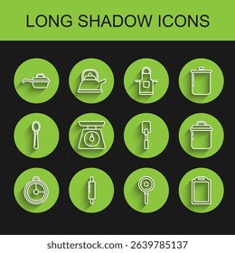 Set line Kitchen timer, Rolling pin, Frying pan, Cutting board, Scales, Cooking pot and Spatula icon. Vector