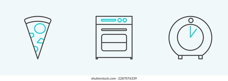 Set line Kitchen timer, Slice of pizza and Oven icon. Vector