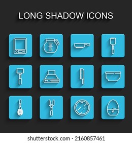 Set line Kitchen whisk, Barbecue fork, Electronic scales, Cutting board, timer, extractor fan, Bowl and Knife icon. Vector