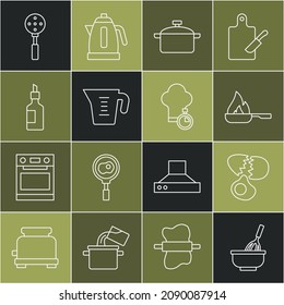 Set line Kitchen whisk with bowl, Broken egg, Frying pan, Cooking pot, Measuring cup, Bottle of olive oil, Spatula and Chef hat icon. Vector