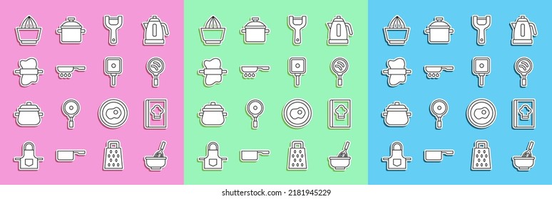 Set line Kitchen whisk with bowl, Cookbook, Frying pan, Vegetable peeler, Rolling pin on dough, Citrus fruit juicer and  icon. Vector