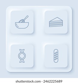 Set line Kitchen whisk and bowl, Cake, Candy and French baguette bread. White square button. Vector