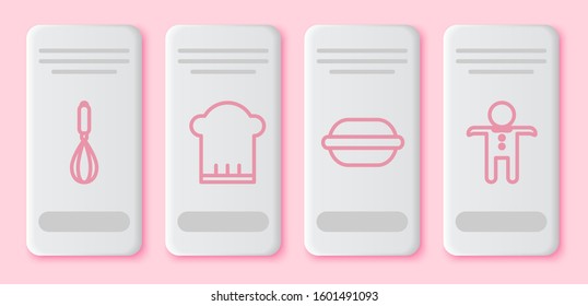 Set line Kitchen whisk , Chef hat , Macaron cookie  and Holiday gingerbread man cookie . White rectangle button. Vector