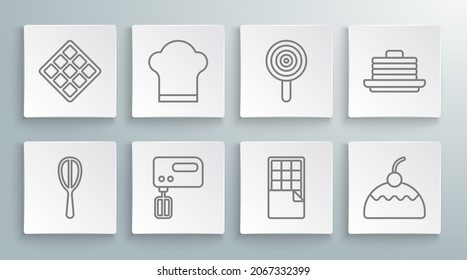 Set line Kitchen whisk, Chef hat, Electric mixer, Chocolate bar, Cake, Lollipop, Stack of pancakes and Waffle icon. Vector