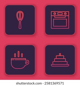 Set line Kitchen whisk, Coffee cup, Oven and Cake with burning candles. Blue square button. Vector