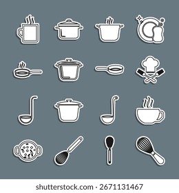 Set Linie Küchenwhisk, Kaffeetasse, Kochmütze und Gabel, Kochtopf, Pfanne und Ikone. Vektorgrafik