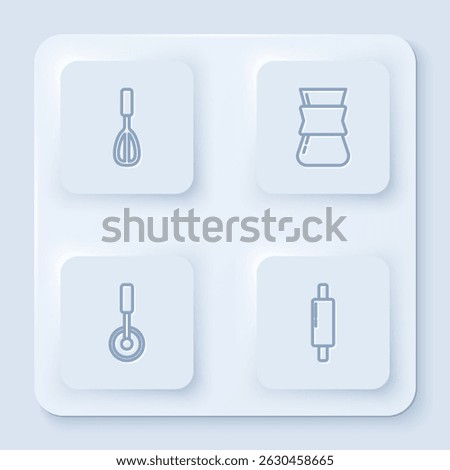 Set line Kitchen whisk, Coffee turk, Pizza knife and Rolling pin. White square button. Vector