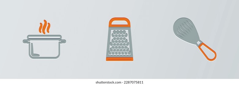 Set line Kitchen whisk, Cooking pot and Grater icon. Vector