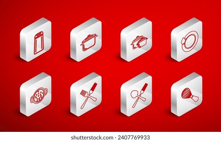 Set line Kitchen whisk, Cooking pot, Washing dishes, Crossed fork and spoon, Salt pepper,  and soup icon. Vector