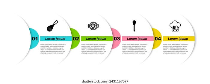 Set line Batidor de cocina, Sopa de cocina en olla y Sombrero de chef con tenedor y cuchara. Plantilla de infografía de negocios. Vector