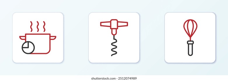 Set line Kitchen whisk, Cooking pot and Wine corkscrew icon. Vector
