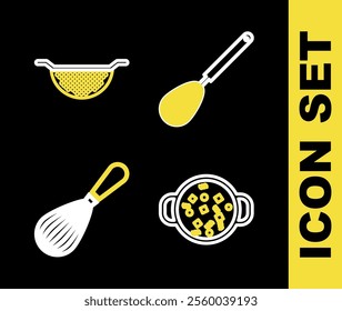 Set line Kitchen whisk, Cooking soup in pot,  and colander icon. Vector