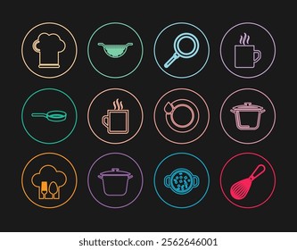 Set line Kitchen whisk, Cooking pot, Frying pan, Coffee cup, Chef hat, Washing dishes and colander icon. Vector