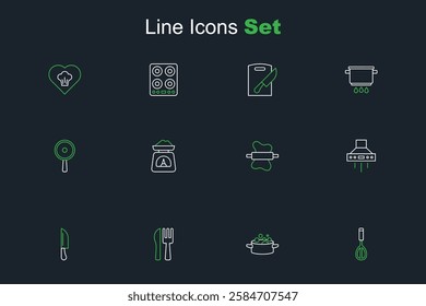 Set line Kitchen whisk, Cooking pot, Crossed knife and fork, Knife, extractor fan, Rolling pin on dough, Scales and Frying pan icon. Vector