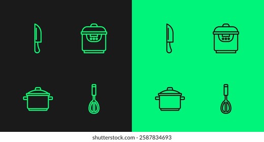 Set line Kitchen whisk, Cooking pot, Knife and Slow cooker icon. Vector