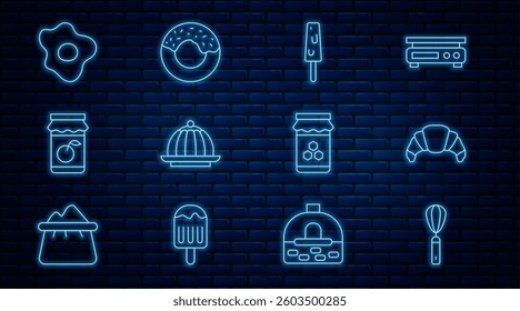 Set line Kitchen whisk, Croissant, Ice cream, Pudding custard, Jam jar, Scrambled eggs, Jar of honey and Donut icon. Vector