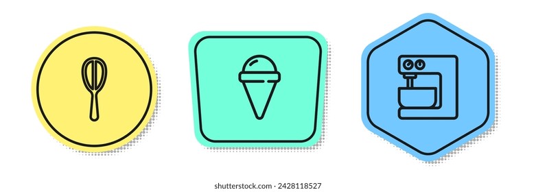 Set line Kitchen whisk, Ice cream in waffle cone and Electric mixer. Colored shapes. Vector