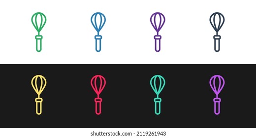 Set line Kitchen whisk icon isolated on black and white background. Cooking utensil, egg beater. Cutlery sign. Food mix symbol.  Vector