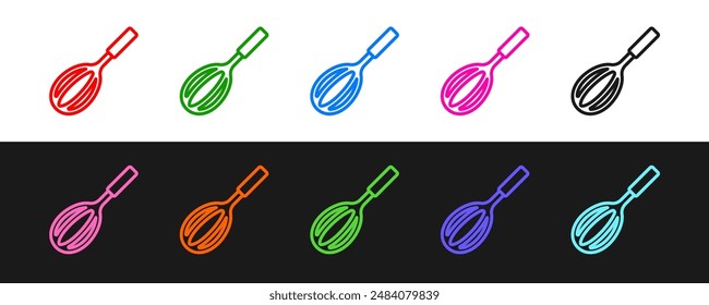 Set line Kitchen whisk icon isolated on black and white background. Cooking utensil, egg beater. Cutlery sign. Food mix symbol.  Vector