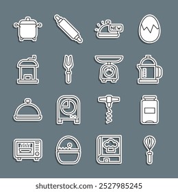 Set line Batidor de cocina, tarro de mermelada, prensa francesa, cubierto con bandeja de comida, tenedor de barbacoa, molinillo de café manual, olla de cocina y el icono de escalas. Vector