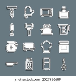 Set line Kitchen whisk, Jam jar, Measuring cup, Microwave oven, Peeler, Blender, Wine corkscrew and Kettle with handle icon. Vector