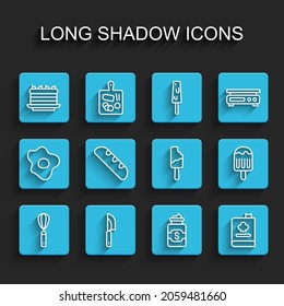 Set line Kitchen whisk, Knife, Cake, Jar of sugar, Cookbook, French baguette bread, Ice cream and  icon. Vector