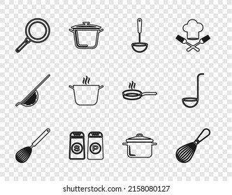 Set line Kitchen whisk, ladle, Salt and pepper, Frying pan, Cooking pot,  and  icon. Vector