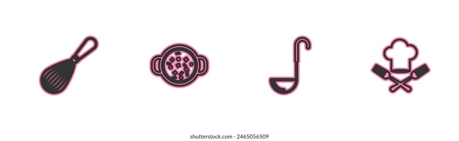 Set line Kitchen whisk, ladle, Cooking soup in pot and Chef hat and fork icon. Vector