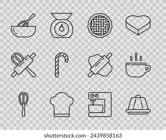 Set line Kitchen whisk, Pudding custard, Homemade pie, Chef hat, and bowl, Christmas candy cane, Electric mixer and Coffee cup icon. Vector