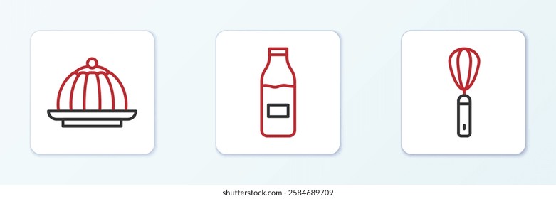Set line Kitchen whisk, Pudding custard and Bottle with milk icon. Vector