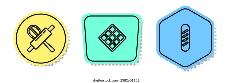 Set line Kitchen whisk and rolling pin, Waffle and French baguette bread. Colored shapes. Vector