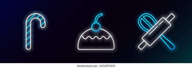 Set line Kitchen whisk and rolling pin, Christmas candy cane and Cake icon. Glowing neon. Vector