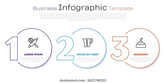 Set line Kitchen whisk and rolling pin, Measuring cup and Cake. Business infographic template. Vector