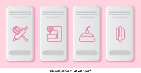 Set line Kitchen whisk and rolling pin, Electric mixer, Cake and Hotdog sandwich. White rectangle button. Vector