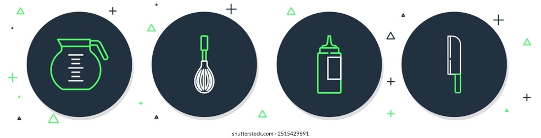 Set line Kitchen whisk, Sauce bottle, Coffee pot and Knife icon. Vector