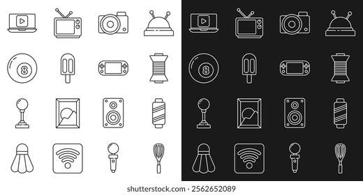 Set line Kitchen whisk, Sewing thread on spool, Photo camera, Ice cream, Billiard snooker ball, Online play video and Portable game console icon. Vector