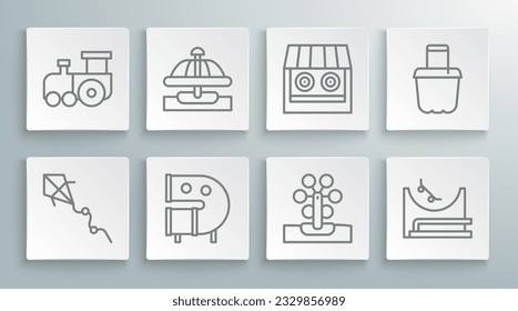 Set line Kite, Attraction carousel, Kid playground slide pipe, Ferris wheel, Skate park, Shooting gallery, Sand bucket and Toy train icon. Vector