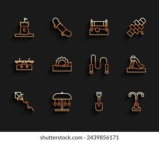 Set line Kite, Attraction carousel, Sand tower, Shovel toy, Street light, Ferris wheel, Kid slide and Jump rope icon. Vector