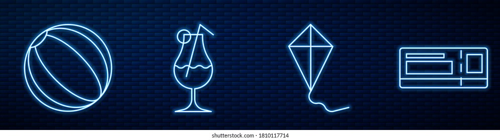 Set line Kite, Beach ball, Cocktail and alcohol drink, Travel ticket and Ice cream in waffle cone. Glowing neon icon on brick wall. Vector