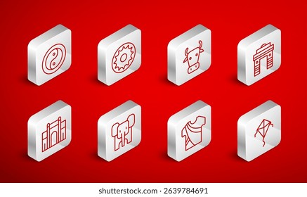 Set line Kite, Chakra, Cow, India Gate in Delhi, Indian man dress, Yin Yang, Elephant and  icon. Vector