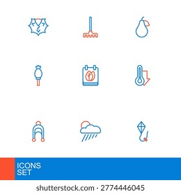 Set line Kite, Cloud with rain and sun, Leaf, Thermometer, Opium poppy, Calendar autumn leaves, Pear and Garden rake icon. Vector