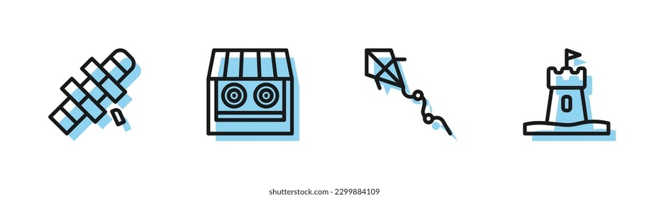 Set line Kite, Hopscotch, Shooting gallery and Sand tower icon. Vector