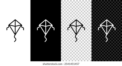 Conjunto de línea icono de cometa aislado sobre fondo blanco y negro.  Vector